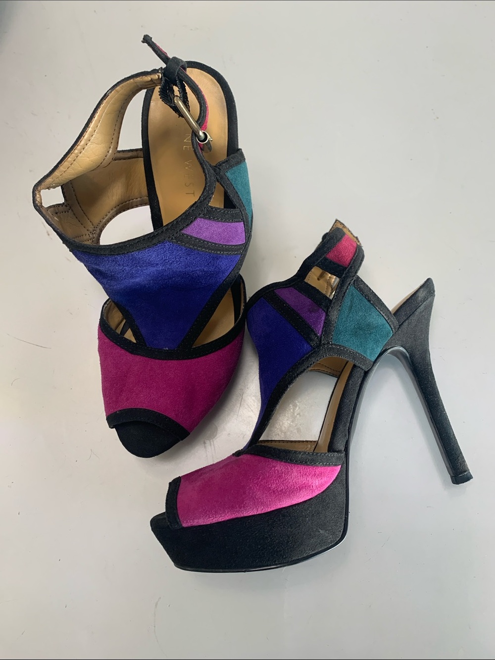 Nine West Suede Colorblock Platform High Heel 4 inch Sandals sz 6 sexy fall